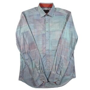 Bugatchi Mens Shaped Fit Long Sleeve Button Down Shirt Multicolor Grid Stretch
